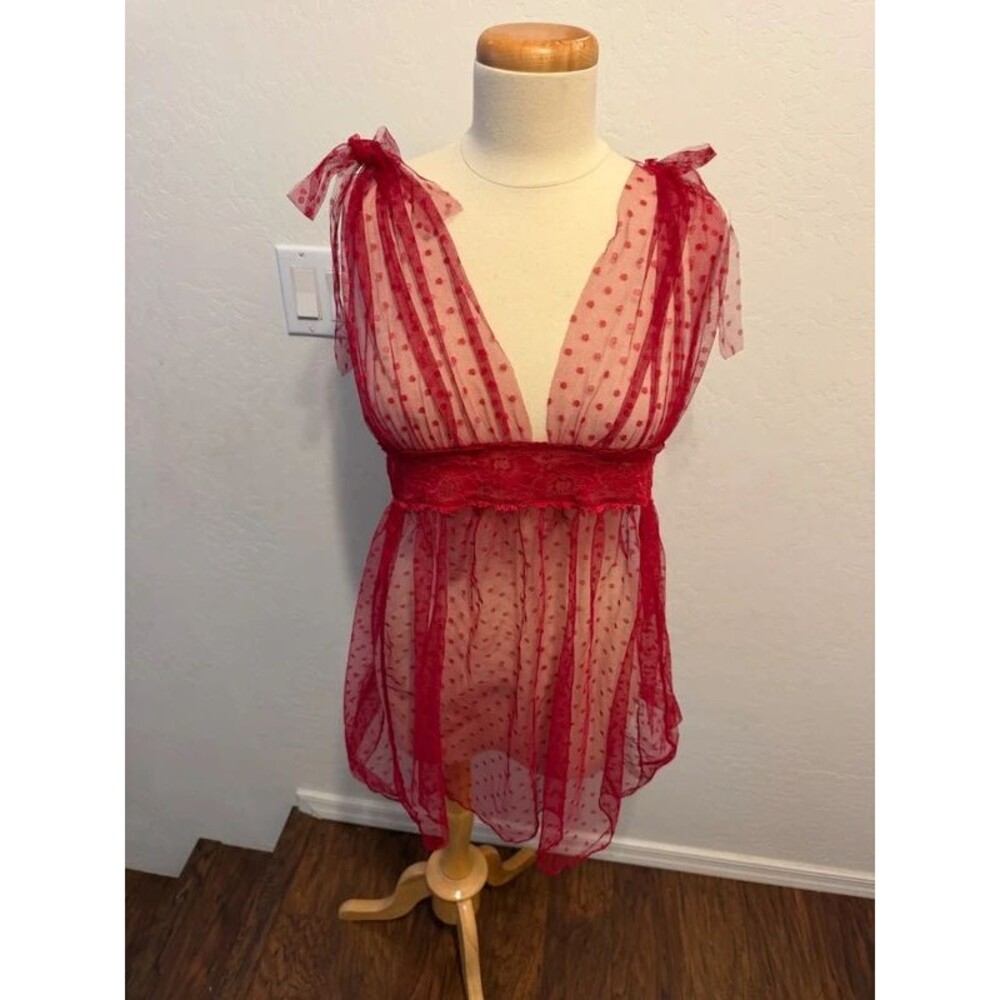 Red Sheer Mesh Swiss Dot Babydoll Lingerie Top w/ Lace & Shoulder Bows – XL